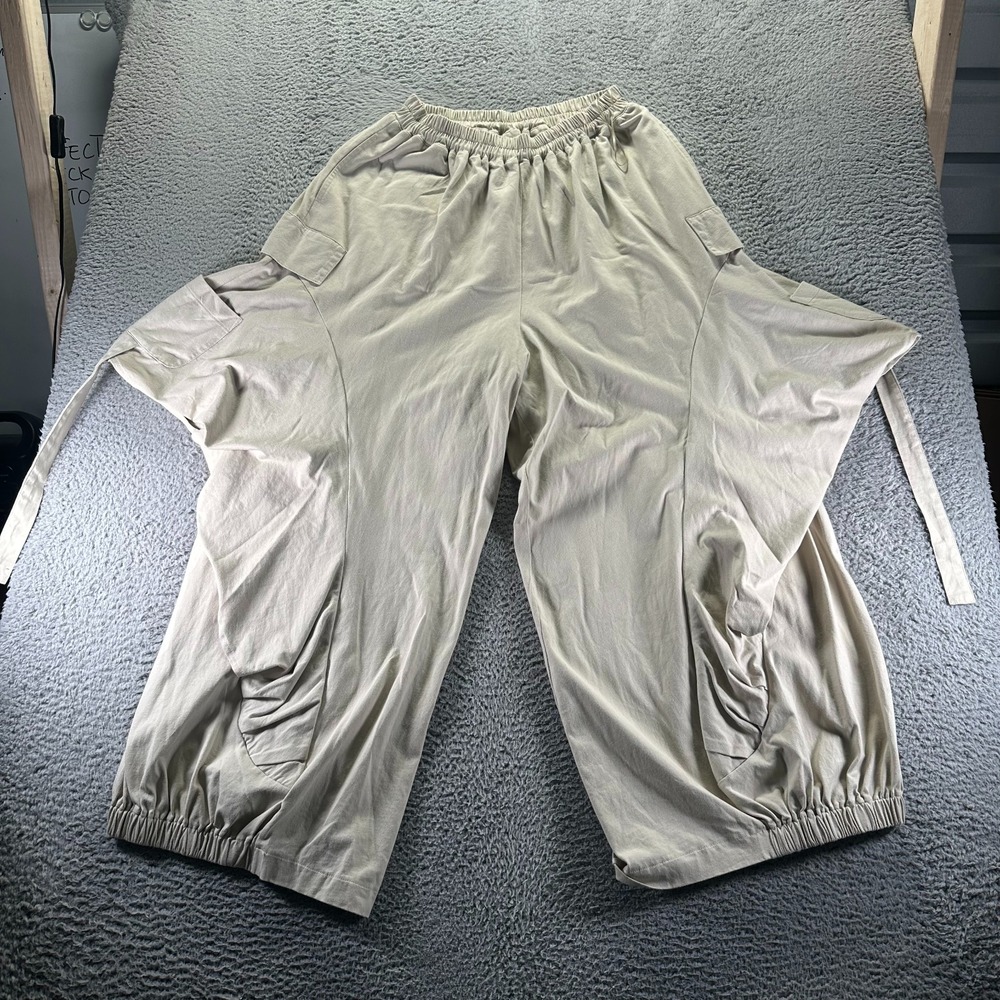 Cutely Covered Pant Womens L Beige Cargo Baggy Ruched Drop Crotch Cottagecore